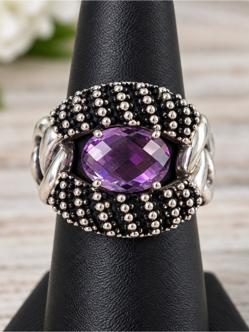 Michael Dawkins Sterling Silver Amethyst Caviar Statement Ring